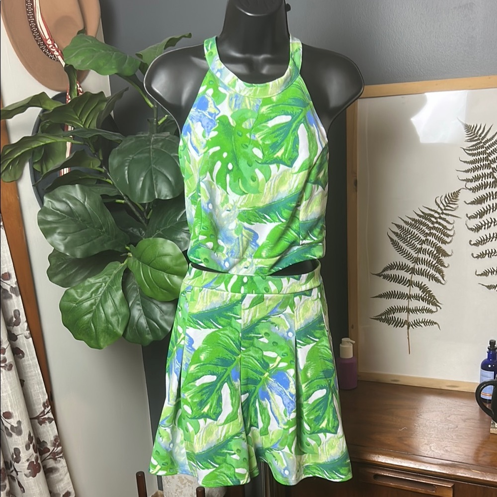 Madden NYC Halter Romper with Cut Outs Green and Blue Tropical Leaf Print romper - Picture 3 of 7